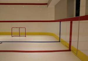 This hockey rink features custom painted blue and centre lines.