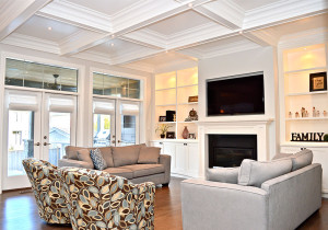 Family room coffered ceilings.